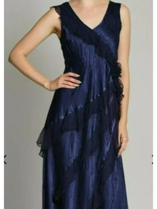 Komarov Dresses & Skirts - Komarov Blue Sleeveless Maxi Dress Rosette Asymmetrical Ruffles 90s Whimsigoth